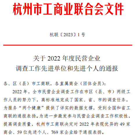 喜报！|科技股份有限公司集团荣获杭州市工商联“2022年调查工作优秀企业”称号